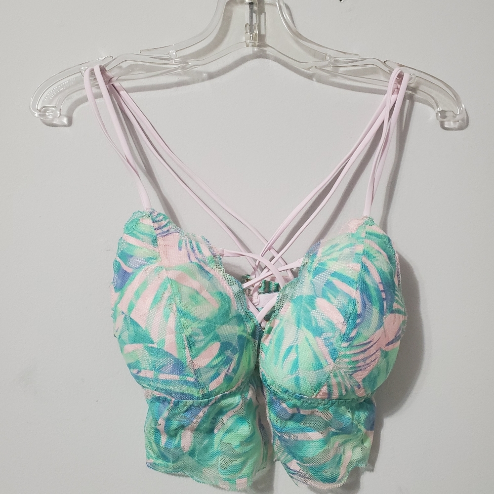 NWOT Pink multi strapped printed  lace bralette S